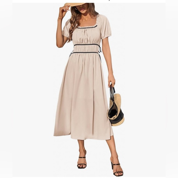 NWT BEIGE BOHO OFF/ON SHOULDER MIDI DRESS-S - Picture 3 of 15